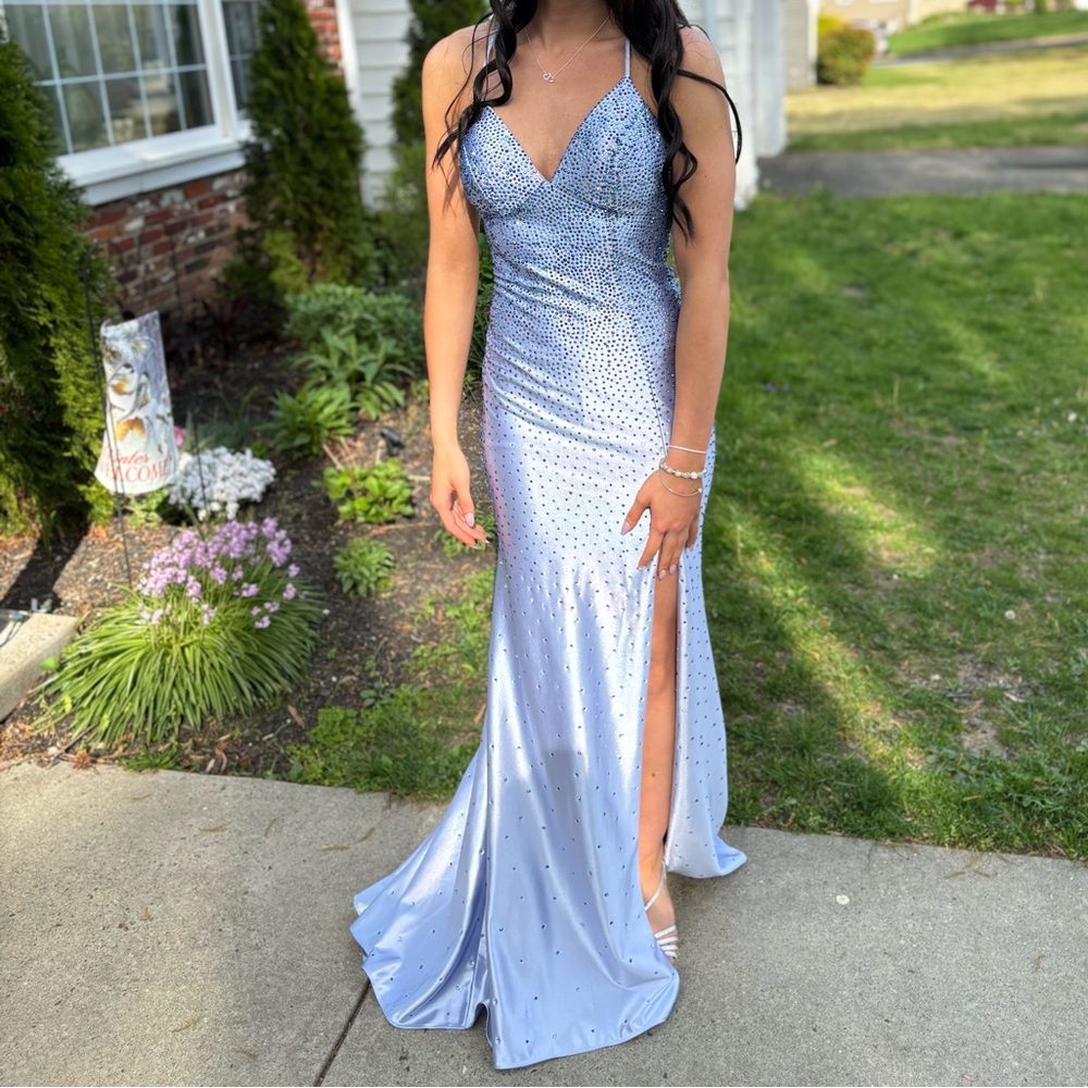 Faviana Light Blue Prom Dress with Rhinestone Accents